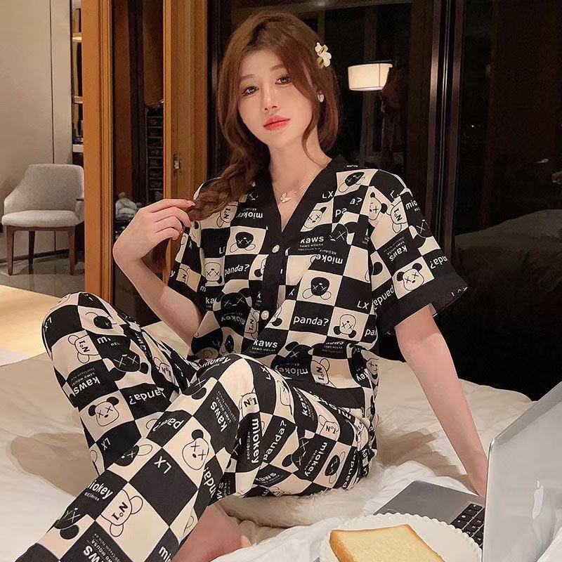 Pijama de seda de hielo para mujeres 2025 nuevo verano delgado de manga corta de seda de verano de algodón Walwind set de ropa para el hogar