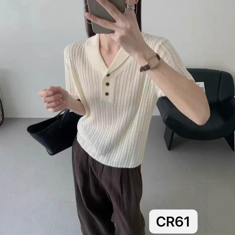 Korean-Style Lapel Twist-Pattern Tencel Linen Knit Sweater for Women, New Summer Short-Sleeve Pullover, Elegant V-Neck Versatile Top