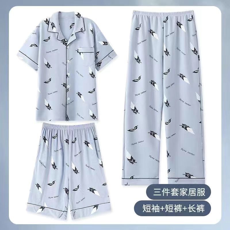 Pajamas de hombre de algodón de verano de tres piezas, pantalones largos de mangas cortas, ropa casera delgada, set grande