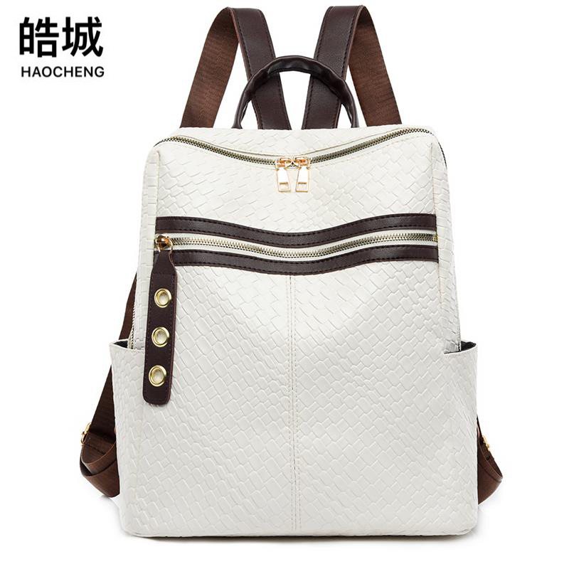 Mochila de color de contraste transfronteriza al por mayor para mujer 2024 nuevo bolso femenino de cuero suave retro europeo y americano, mochila de viaje al aire libre de ocio