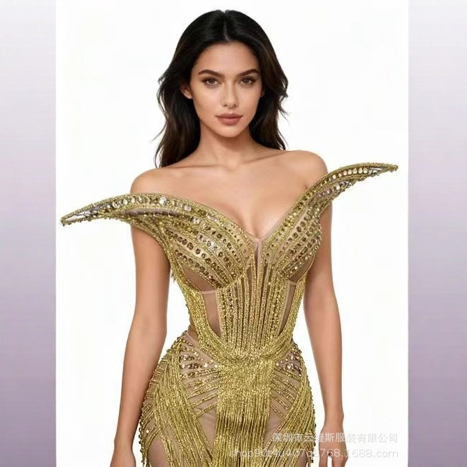 New Gold Cross-Border Personalized One-Shoulder Design Rhinestone Fishbone Short Skirt Prom Party Singer Party Dress New Gold Cross-Border Personalized One-Shoulder Design Rhinestone Fishbone Short Skirt Prom Party Singer Party Dress