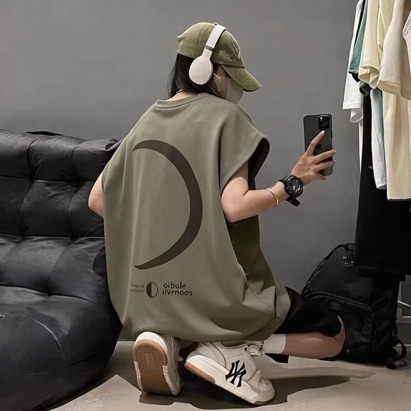 Army Green Cool Moon Vest for Men, Summer American Style Trendy Brand Loose Sports Sleeveless Vest T-Shirt Tank Top