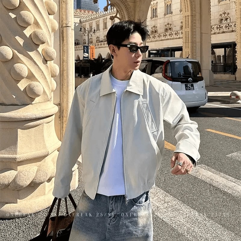 White and Gray Short Harrington Jacket for Men in Autumn and Spring, Normcore and High-End Wear, Trendy Brand Splicing Lapel Men's Jacket White and Gray Short Harrington Jacket for Men in Autumn and Spring, Normcore and High-End Wear, Trendy Brand Splicing Lapel Men's Jacket