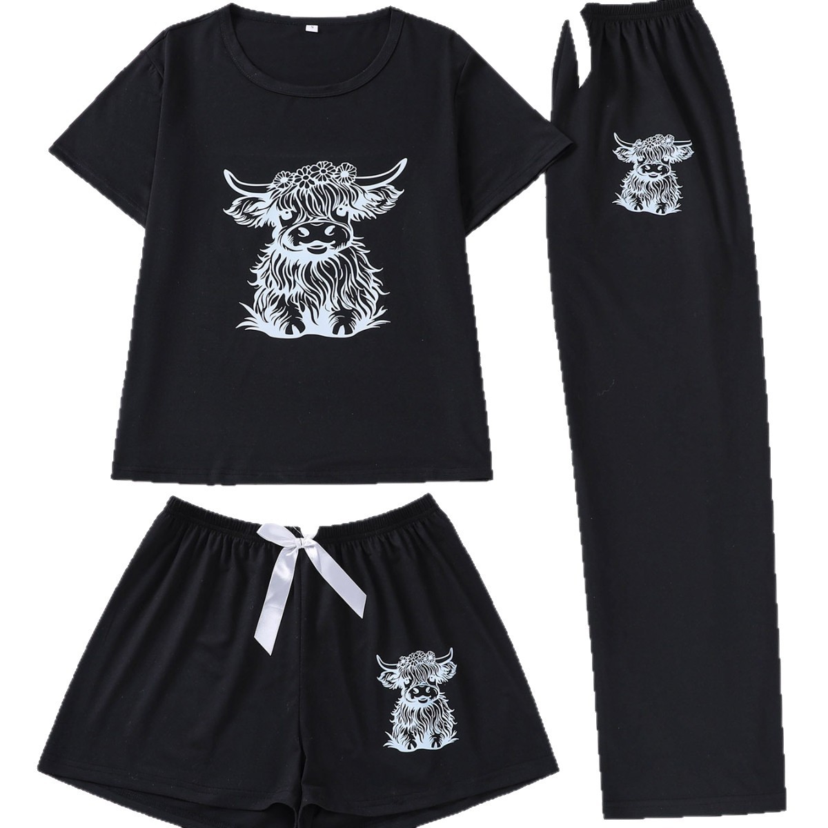 Cross-border European American New Style Cute Calf Print Short-sleeve Shorts And Long Pants 3-piece Set Comfortable_voghion.com