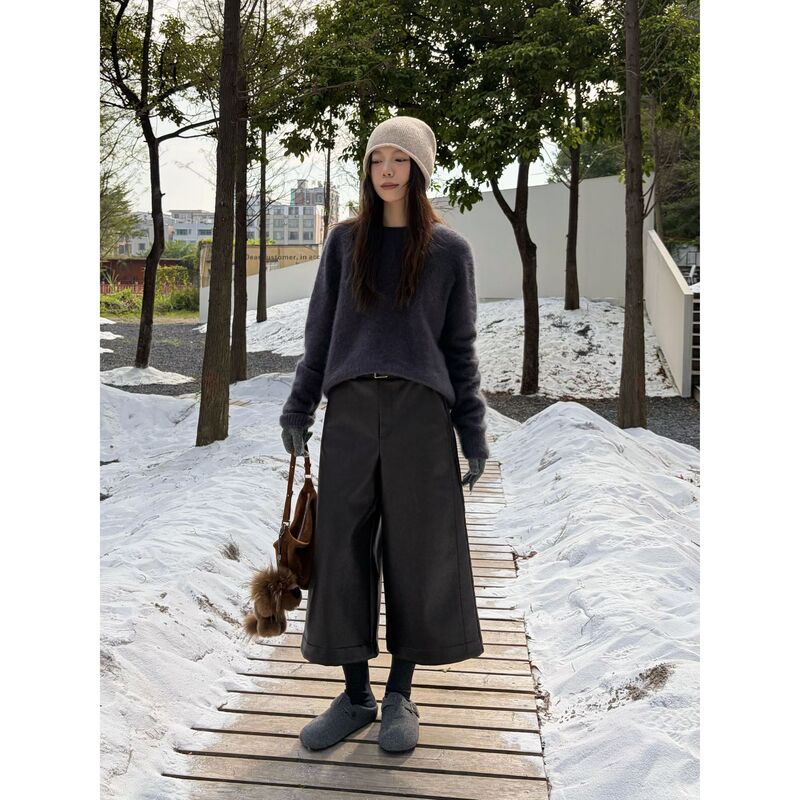 Icciicc Modern Retro High-End Composite Velvet Casual Cropped Leather Pants Versatile Wide-Leg Pants Shisanxing 1527