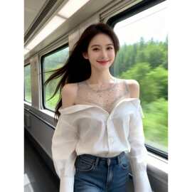 设计感一字肩烫钻网纱拼接假两件衬衣女秋性感露肩长袖上衣A13415