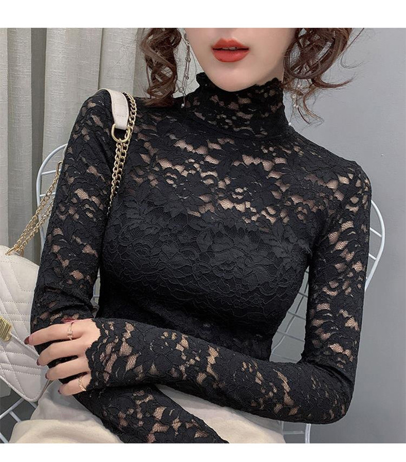 Haut col montant en dentelle transparente – Chemisier élégant à découpes florales et manches pétales (M-XXL, blanc/noir/nude, polyvalent du bureau au dîner)_voghion.com