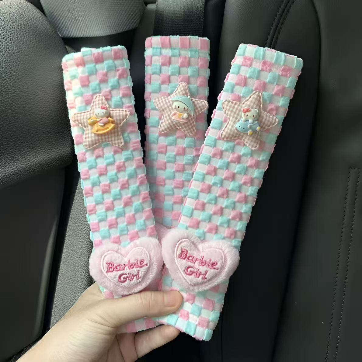 Sweet Mini Hello Kitty Seatbelt Shoulder Pads Soft Bubble Plaid Dopamine Colorful Car Interior for Women