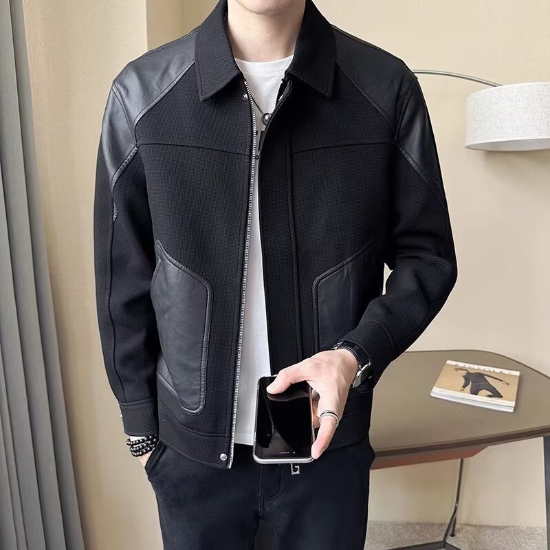 Herren Lederjacke Mit Strick Einsatz Für Frühling Und Herbst_voghion.com