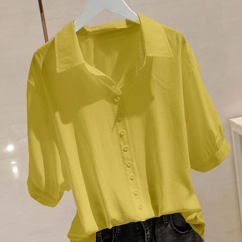 Solid Color Short-Sleeve Ice Silk Shirt for Women, Summer Thin Style, Plus-Size Loose Fit, Polo Collar Design, Casual Top for Petite Figures