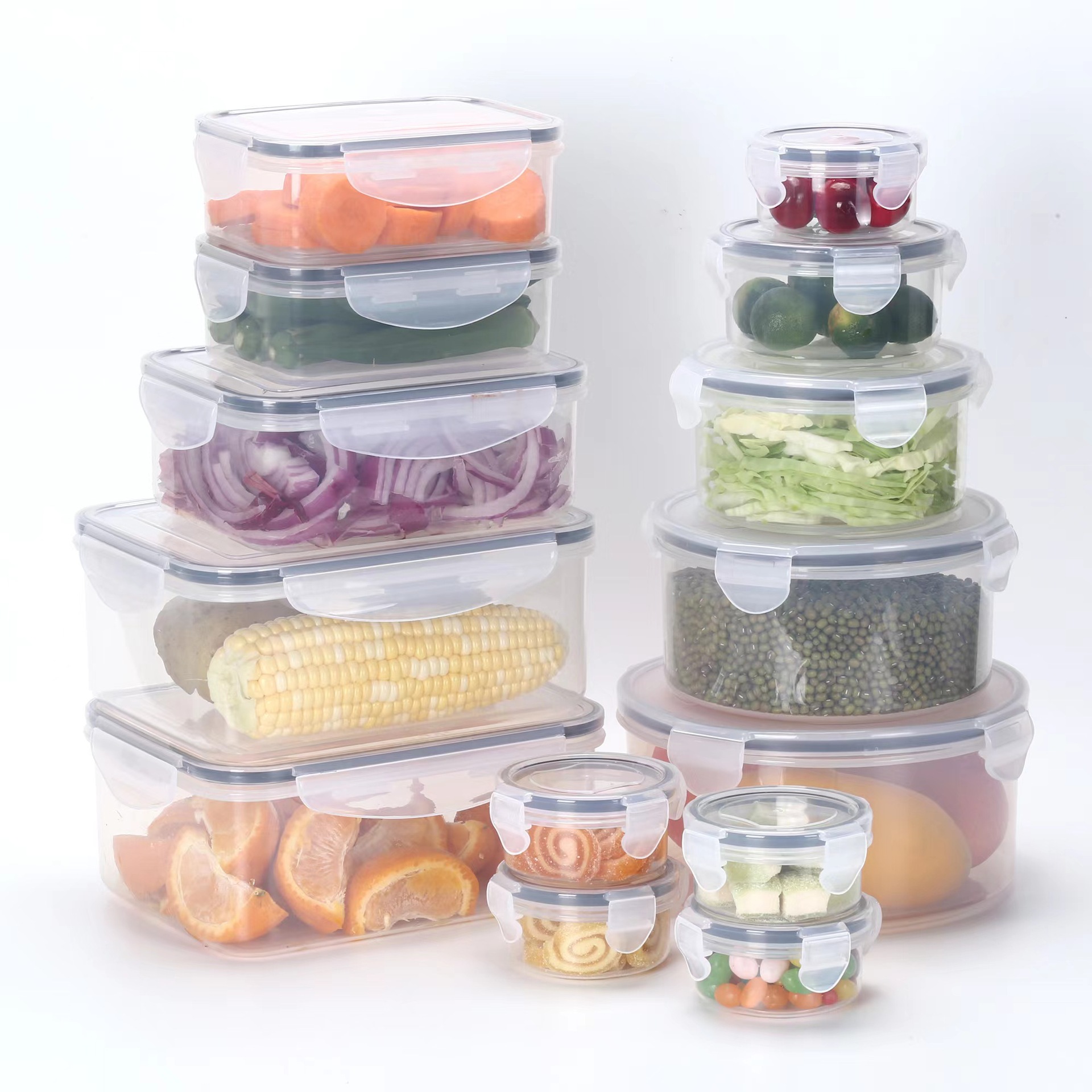 Plástico sellado 14 piezas crujiente frasco multi-grano Flip almacenamiento de productos secos refrigerador refrigerado fruta caja de almacenamiento transparente