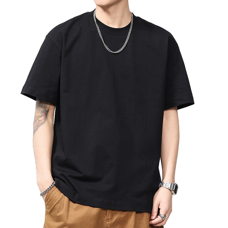 Black cotton summer solid short sleeve T-shirt with a round collar, oversize