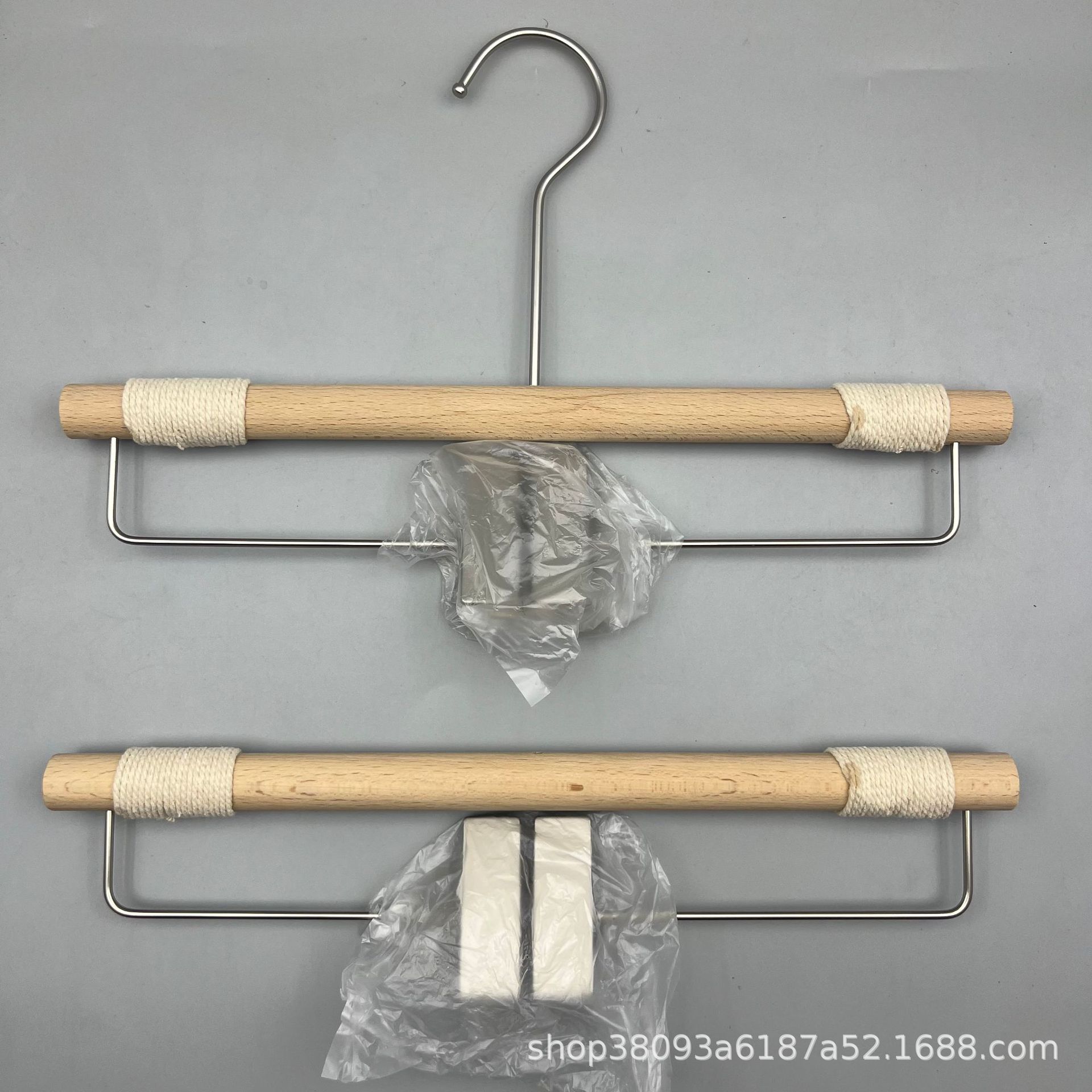 Clothing Store Beech Wood Round Stick Trouser Hangers with Rope, Non-Slip, Women's Clothing Store Manager Hook, Wooden Stick for Clothing Storage