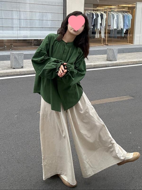 大码女装胖mm日系复古套装女绿色棉麻衬衫工装马甲阔腿裤三件套春|undefined