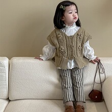 韩版童装2024新款女童秋款毛衣马甲立领娃娃衬衫格子喇叭裤三件套