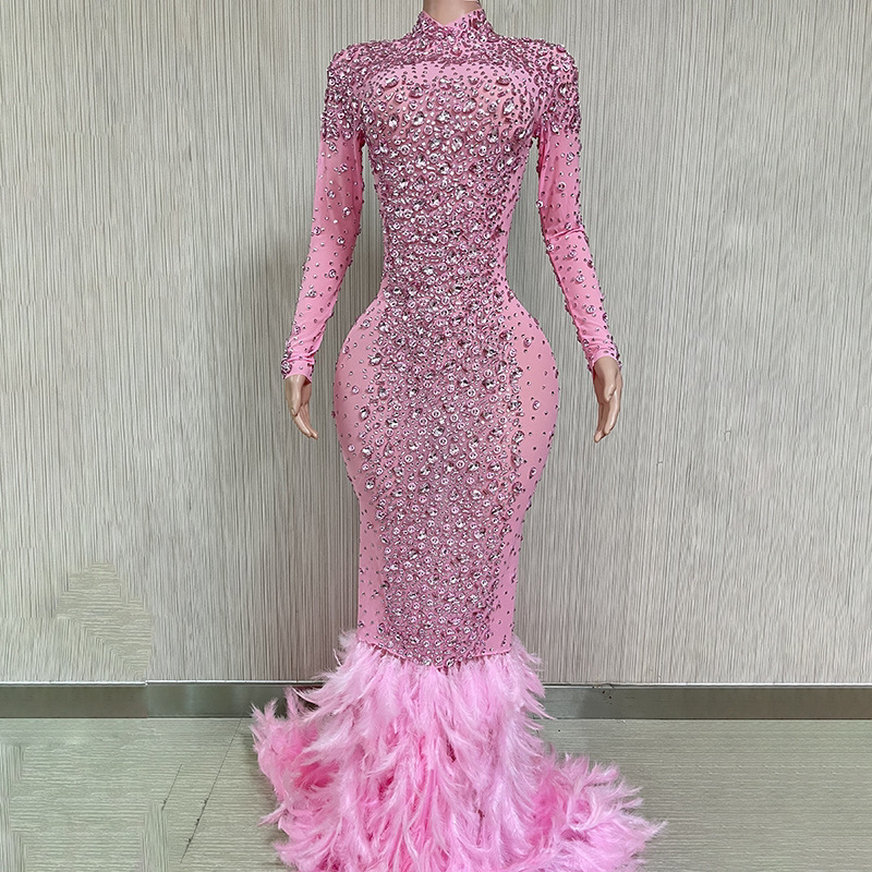 Cross-Border E-Commerce European and American Singer Long-Sleeved Sexy Elastic Rhinestone Feather Floor-Length Skirt Female Singer Red Carpet Gift