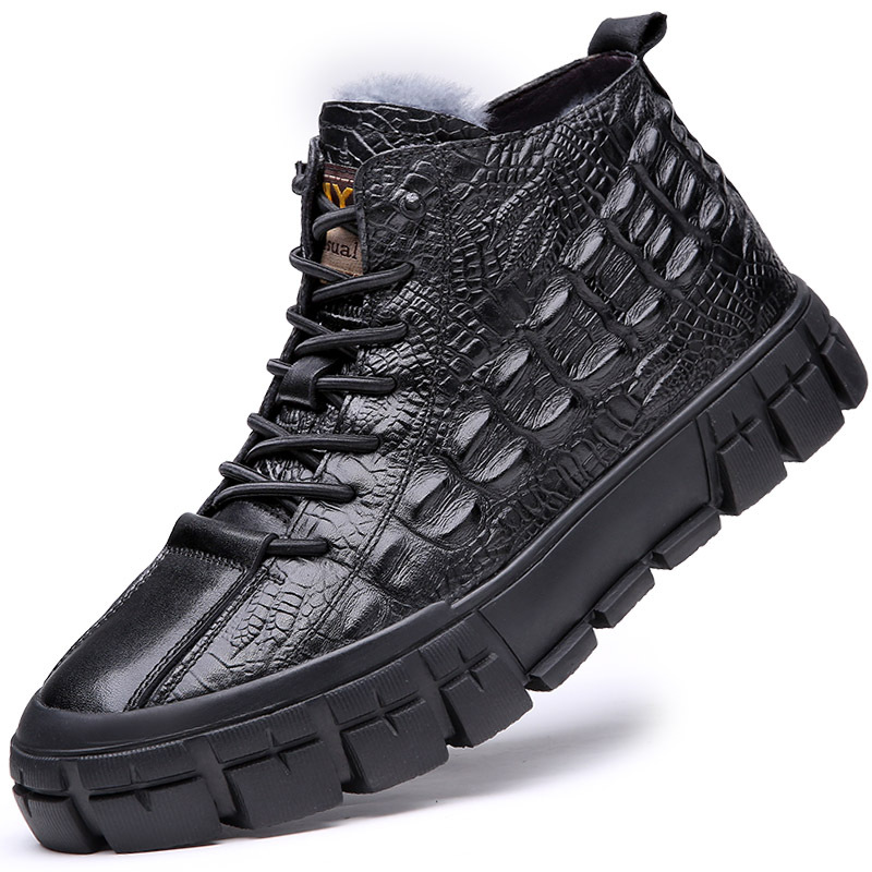 Primera capa de piel de vaca invierno nuevos hombres zapatos de algodón de lana forrada de lana caliente en relieve moda de cuero genuino zapatos de hombre en vivo