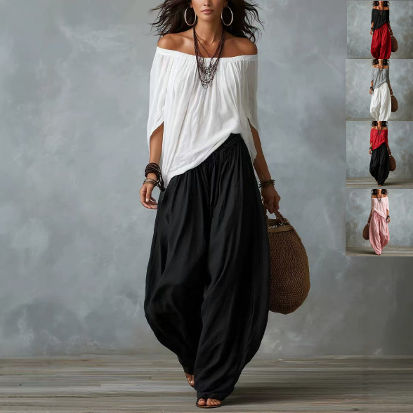 2026 Summer New European and American Fashion High-End Retro Style Loose-Fitting Off-Shoulder Wide-Leg Pants Two-Piece Set