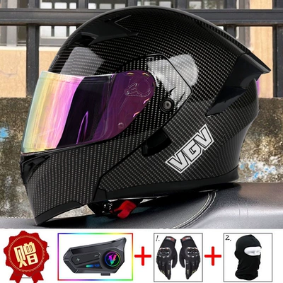 Certified Motorcycle Open-Face Helmet for, Motosiklet dəbilqələri - m-glossy-black-carbon-fiber-pattern-external-bluetooth-red-gold-plated-mirror-comes-with-gloves-helmet-cover-anti-fog-sticker