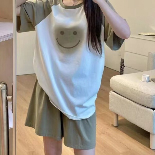 Summer Bestselling Women's Double Short Sleeve Shadow Smiling Cute Sweet Student Home Dress Set Fashion Viral Bestseller