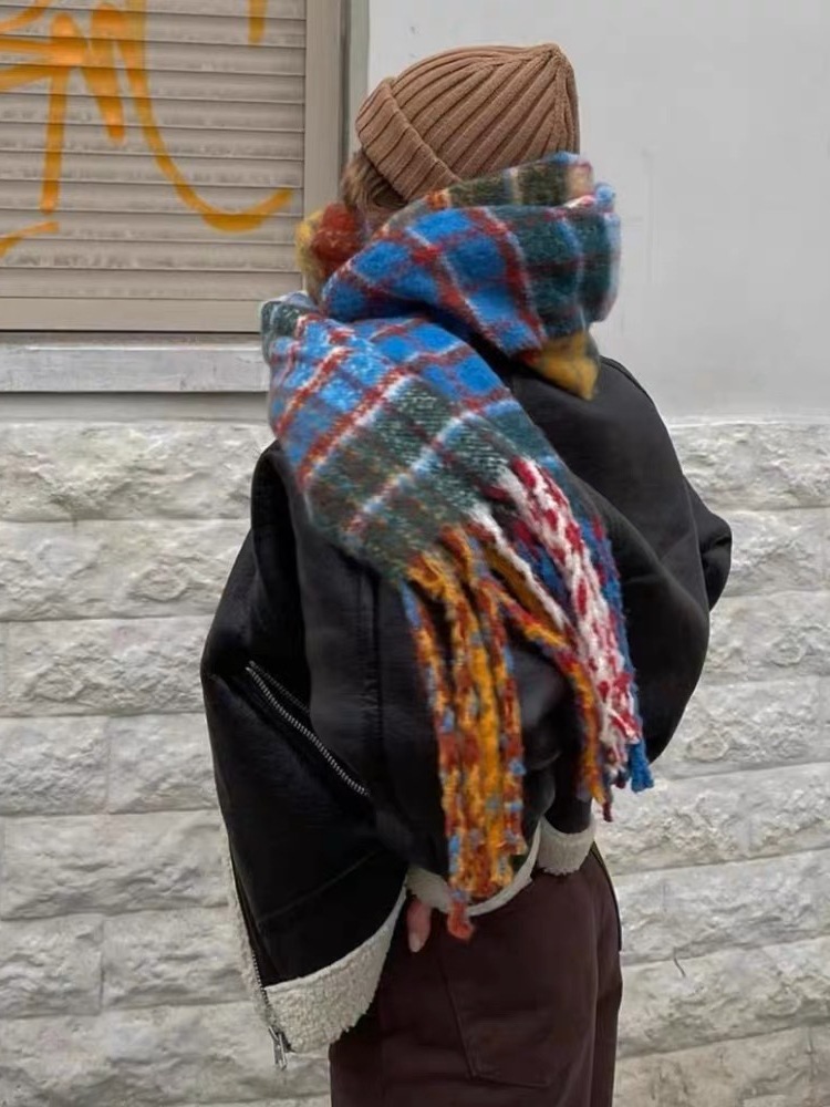 550g Weight Scarf Classification Outdoor, Daily Occasion Imitation cashmere Material Korean Style Autumn And Winter Rainbow Plaid Artificial Cashmere Scarf Female Student Couple Mohair Warm Scarf Long Shawl
