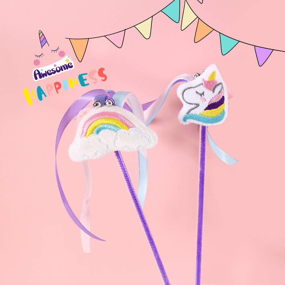Mascota gato sueño unicornio Arco Iris cinta Hada divertido gato palo de Bell de sonido de juguete de entrenamiento interactivo polo
