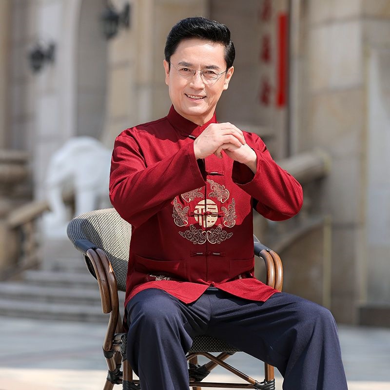 新款唐装中式长袖套装中老年男士宽松休闲刺绣春秋季爸爸全套上衣
