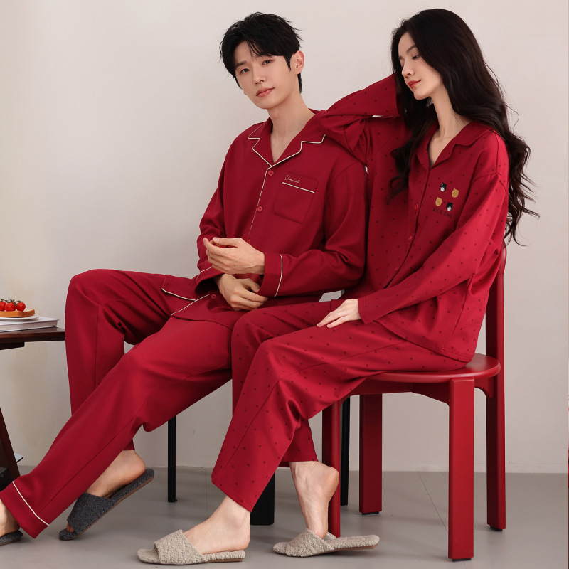 Newlywed Wedding Red Zodiac Year Couple Pajamas Spring & Fall Single-Sided Pure Cotton Long-Sleeved Men's and Women's Autumn and Winter Home Wear Set
