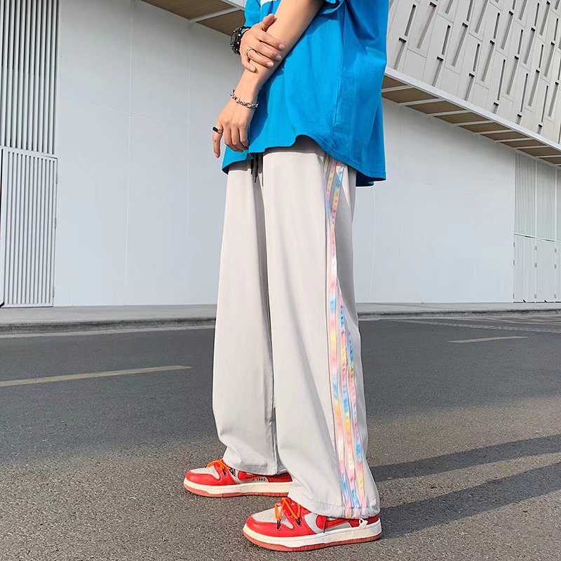 Colorful striped ice silk pants men's autumn thin ins three bars loose casual pants drawstring ankle-tied fashion brand sweatpants Colorful striped ice silk pants men's autumn thin ins three bars loose casual pants drawstring ankle-tied fashion brand sweatpants