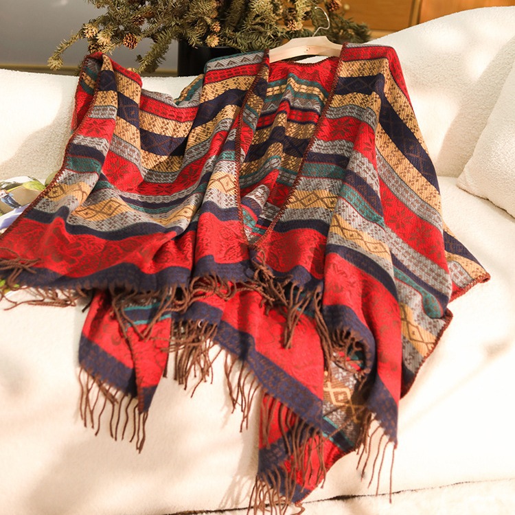 Σάλι με φούντα και έθνικ χρωματικές εναλλαγές, ρίγες σε αντίθεση, σε στυλ ταξιδιού, με απαλή κουβέρτα για εξωτερικούς χώρους_voghion.com