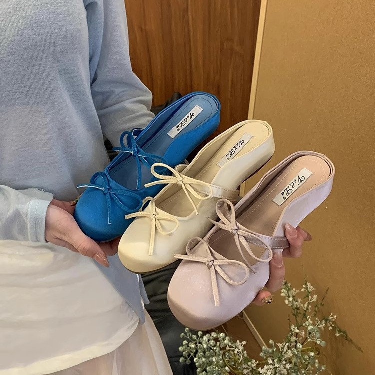 Inner realce francés púrpura Baotou medias pantuflas mujer 2025 nuevo estilo primavera y verano lazo Mary Jane Ballet zapatos individuales