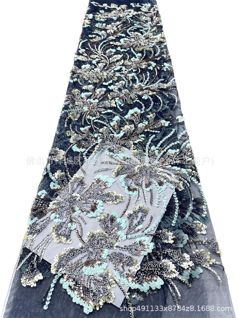Nuevo fresco clavos de cuentas sequinilla tela de malla bordada floral de color brindis de novia vestido de noche tela image 10