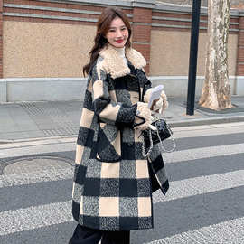 复古格子羊羔毛领毛呢外套女中长款2025冬季新款韩版过膝呢子大衣