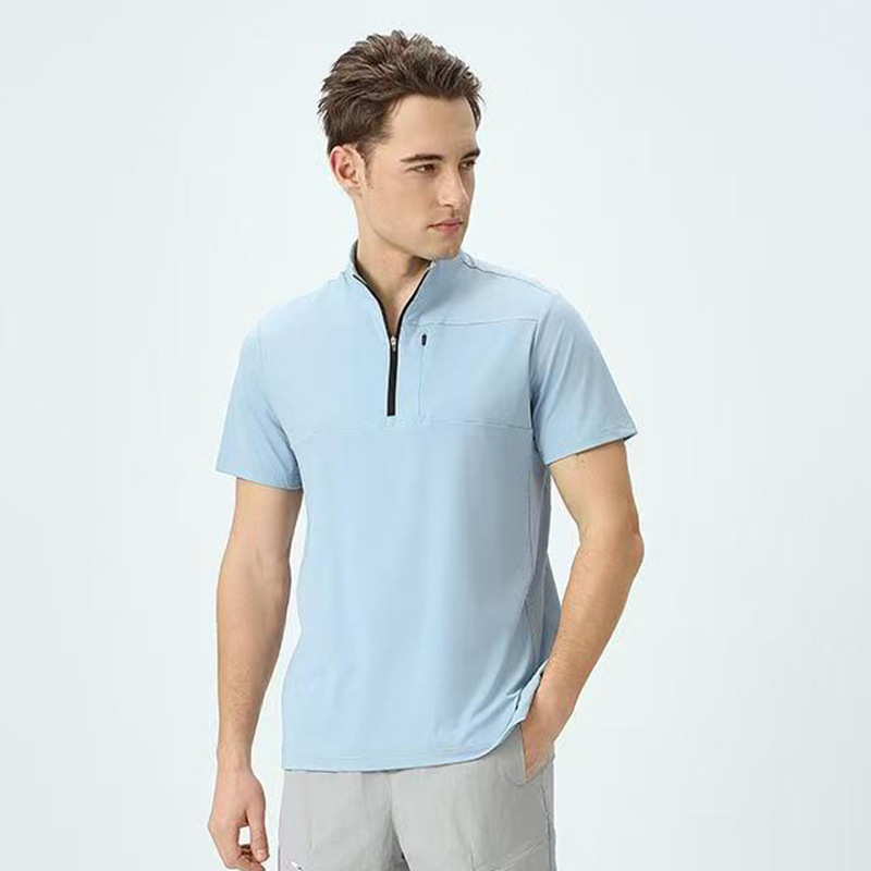 Summer New Men's Short-Sleeved Half-Zip Top Quick-Drying Sun Protection Sports T-Shirt Outdoor Running Fitness Work Clothes