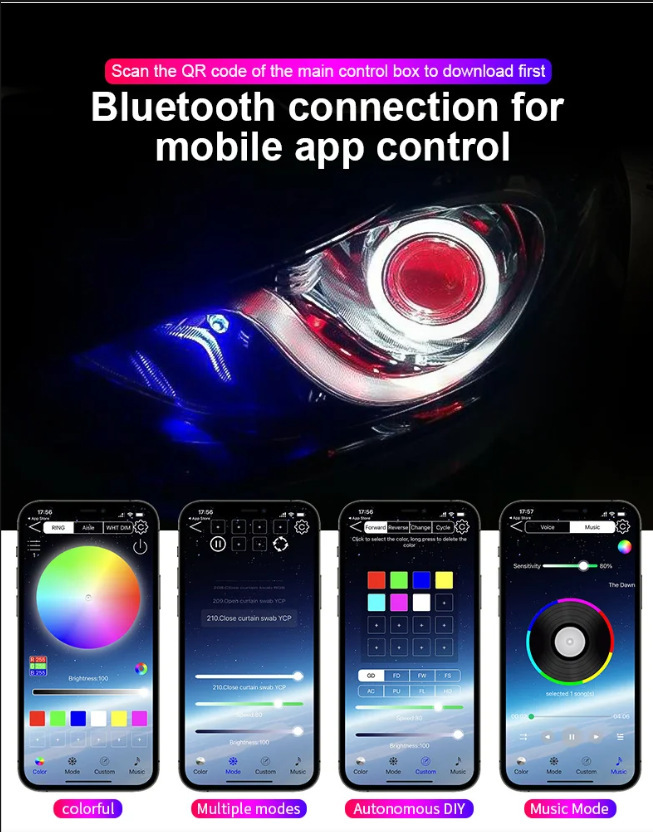 General Motors modified LED angel eye halo rings with APP mobile control, colorful daytime running lights, and headlight rings