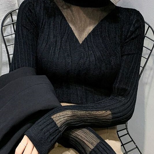Black Lace Autumn and Winter Inner Half Turtleneck Thin Sweater Women's New Outer Wear Fashionable Knitted Bottoming Shirt Top Trendy