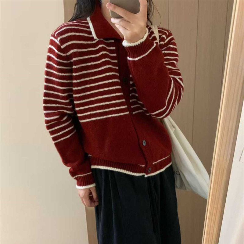 法式翻领条纹长袖针织衫女秋冬2025新款复古休闲宽松撞色毛衣外套|undefined