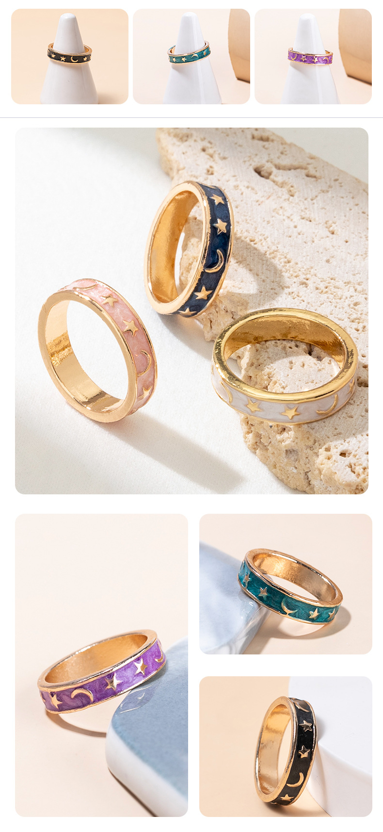 Fashion Star Moon Metal Enamel Rings