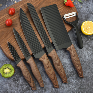 Factory Cross-Border Foreign Trade E-Commerce Wholesale Stainless Steel Kitchen Knife Set with Swallowtail Wood Grain Handle and Wavy Pattern, Six-Piece Set