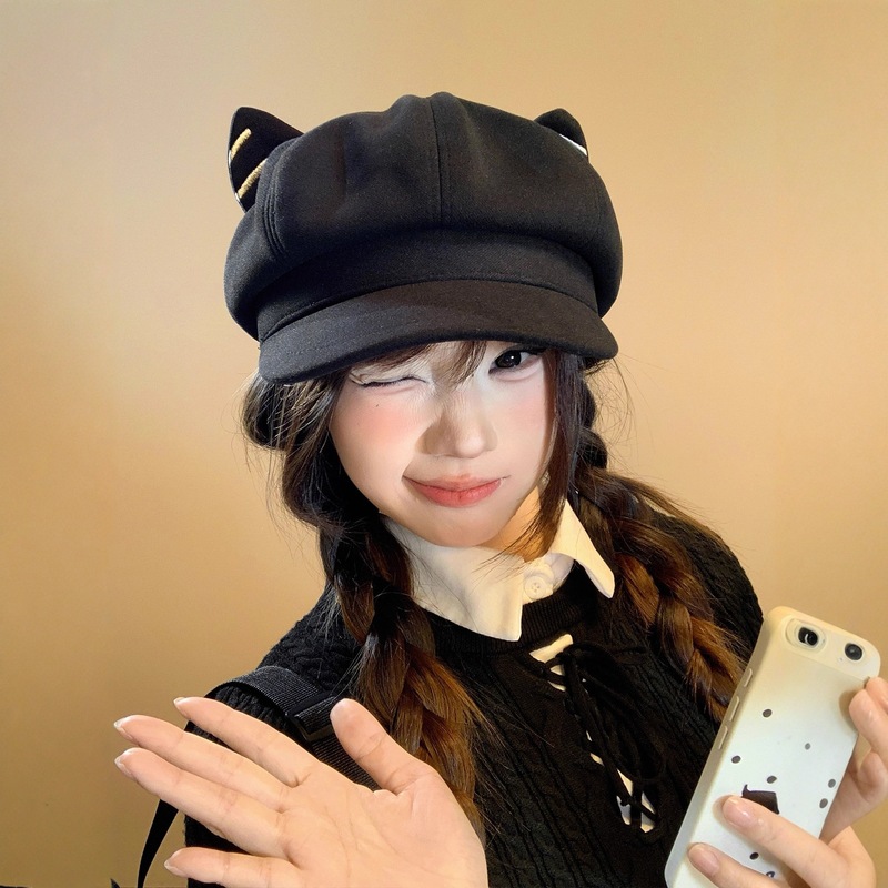 日系可爱毛呢猫耳朵贝雷帽女春秋百搭显脸小鸭舌报童帽八角帽子潮|undefined