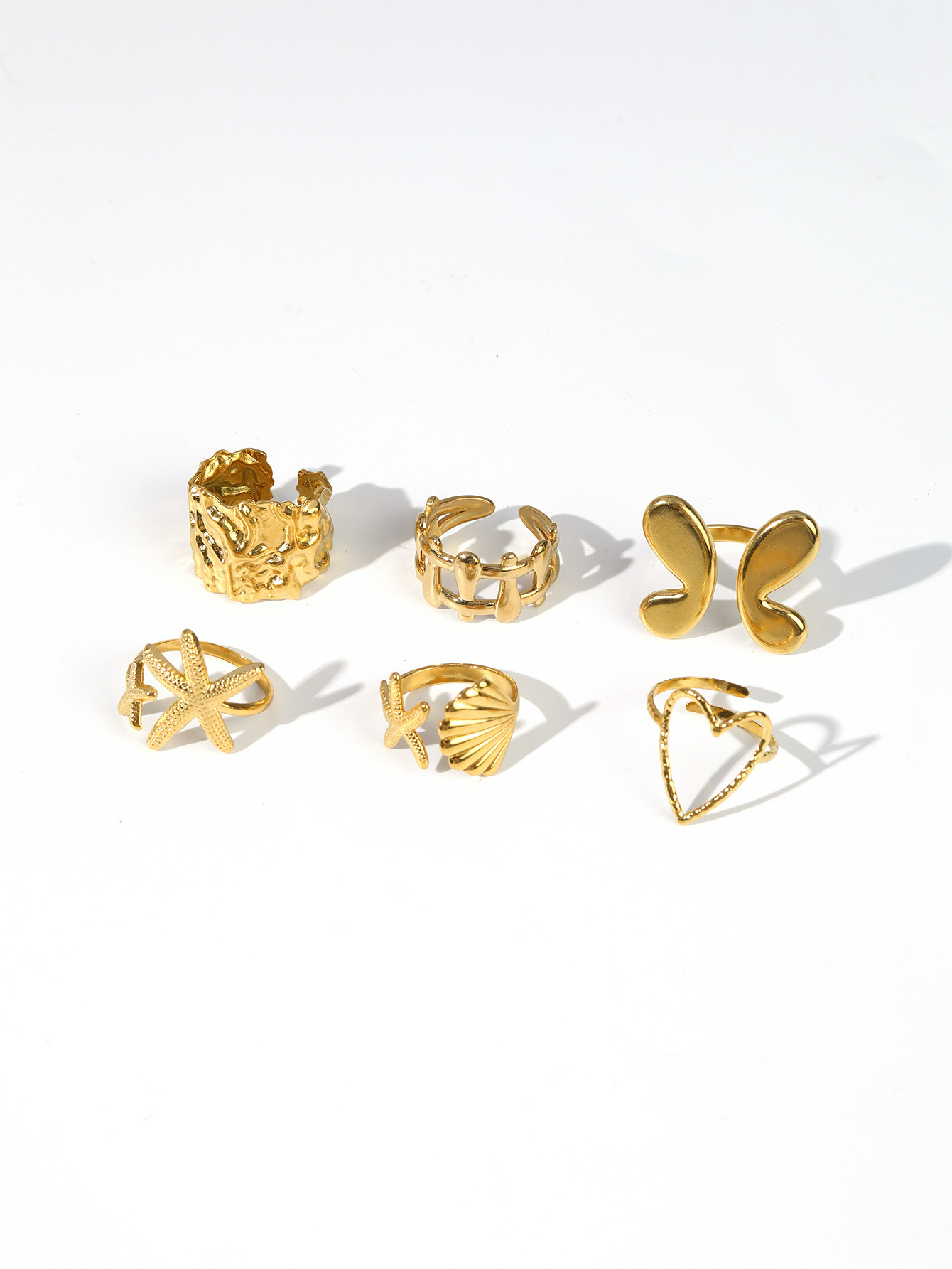 10g Weight Open Rings Classification 1 Piece Quantity Holiday, Daily Occasion 304 Stainless Steel Material Starfish, Heart Shape Pattern Unisex Gender Plating Design Retro Style Wholesale Jewelry Retro Starfish Heart Shape 304 Stainless Steel Plating Open Rings 3