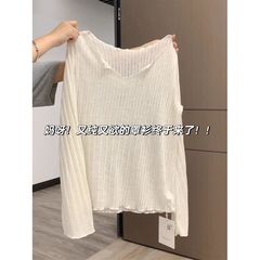 法式微透边V领长袖T恤女夏季薄款防晒罩衫宽松大码感上衣直销厂家