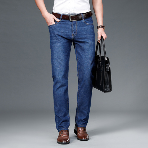 Autumn and winter thick cotton men's jeans loose straight tube slimming casual pants business trousers long pants with fleece for middle-aged and elderly 