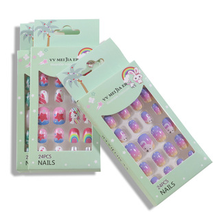 24 Pieces Boxed Bear Print Manicure, Large Kidsren's Wearable Nails, Abs Material Fake Nails