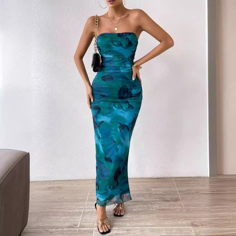 in stock Cross-border 2024 Europe and America Amazon Mesh Floral Pleated Sexy Tight Split Strapless Tube-length Dress in stock Cross-border 2024 Europe and America Amazon Mesh Floral Pleated Sexy Tight Split Strapless Tube-length Dress