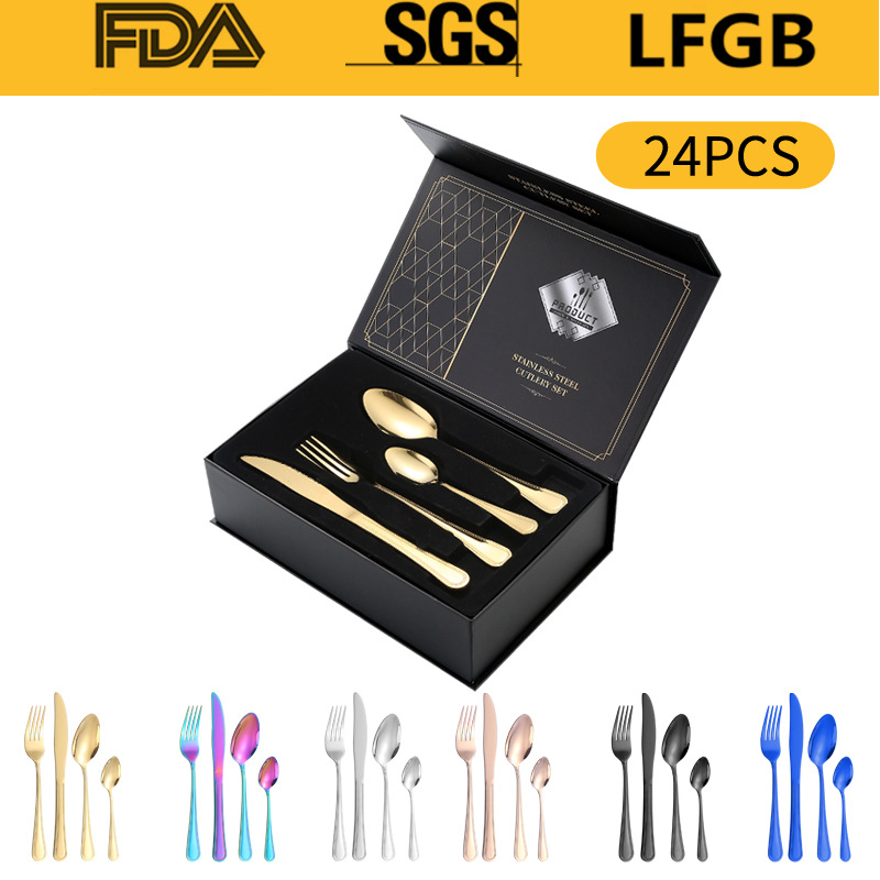 Productos de explosión transfronterizos de Amazon cuchillo de acero inoxidable conjunto de cuchillos y tenedores 16 / 24 piezas conjunto de cubiertos de comida occidental de doble línea