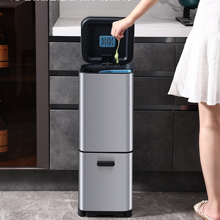 Jieanhui Intelligent Induction Sorting Trash Bin Household Kitchen Dry and Wet Separation Stainless Steel Double Layer Large Size with Lid