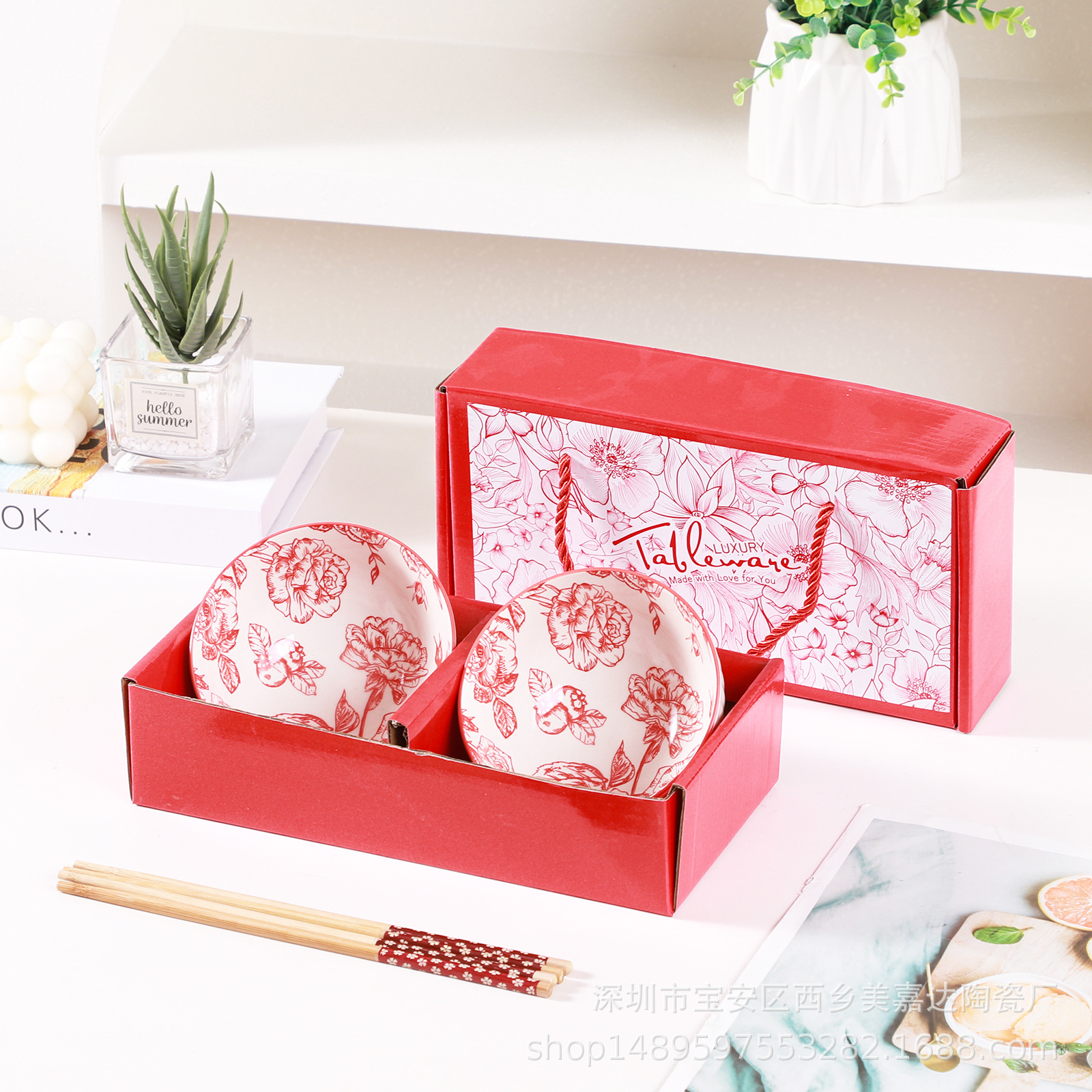 Regalo bohemio tazón de cerámica y palillos traje al por mayor tazón y plato traje hogar tazón de arroz vajilla conjunto tazón caja de regalo traje