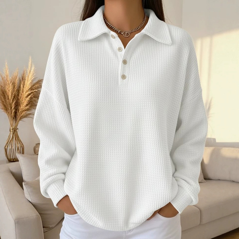 European and American cross-border 2026 autumn/winter new collection: loose-fitting, solid-color, versatile polo shirt with a waffle knit long-sleeve design for women