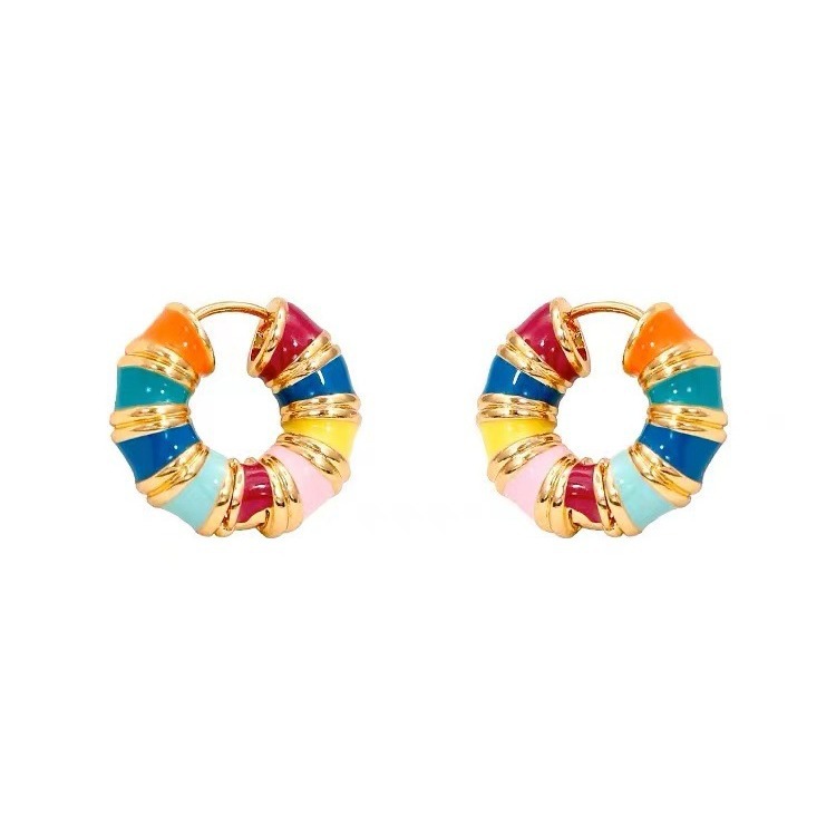 Retro moda colorido esmalte gota esmalte círculo oreja hebilla pendientes mujer verano europeo y americano nicho simple todo fósforo pendientes